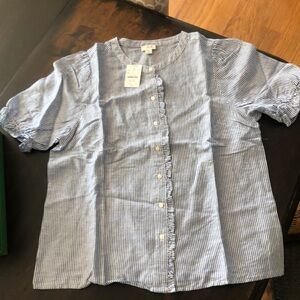 Jcrew seersucker short sleeve button down with ruffle trim